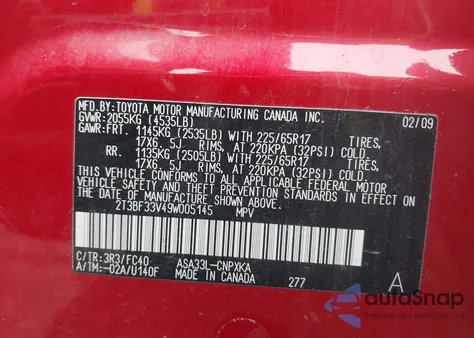 2009 Toyota Rav4 из США, поврежденный, VIN 2T3BF33V49W005145